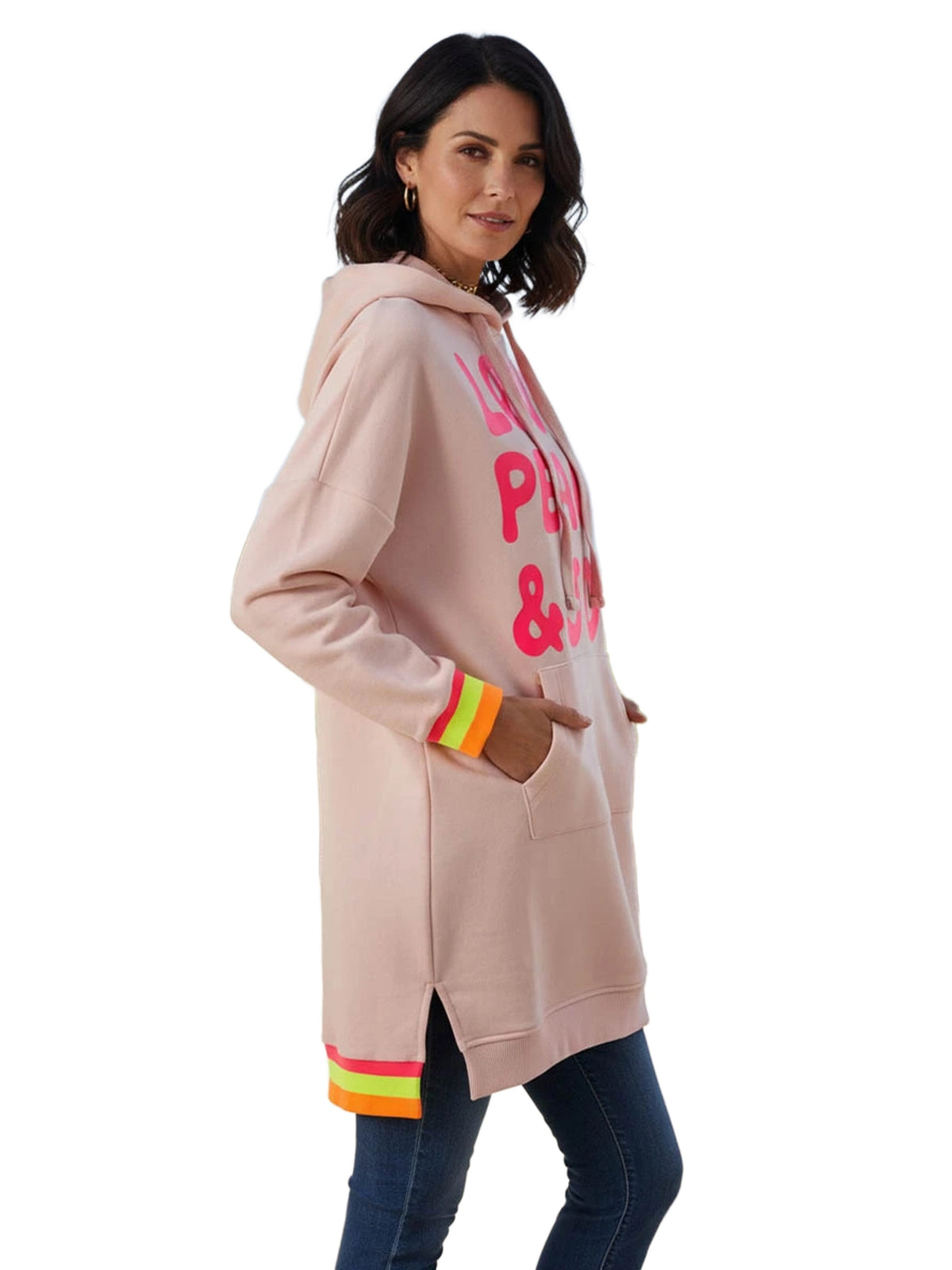 Miss Goodlife Long Hoodie Love Peace & Joy Hoodie Damen rosa rosa Bild 2