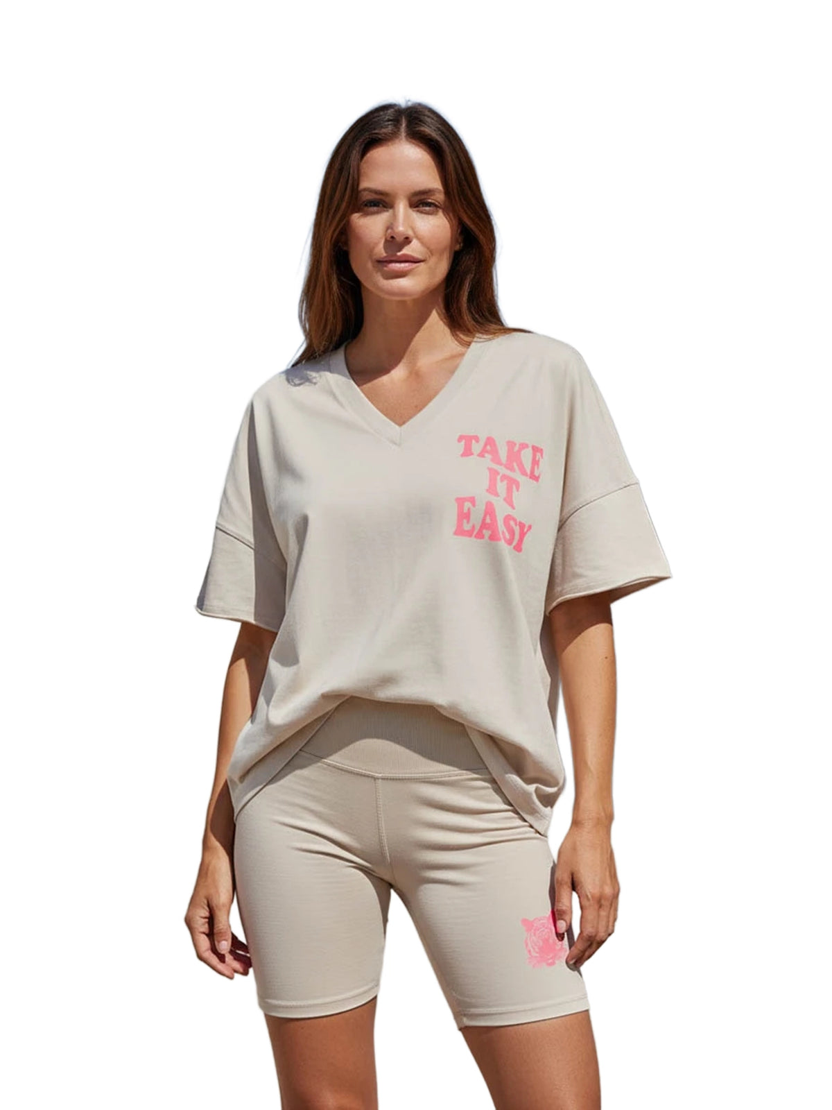 Miss Goodlife V-Neck Long Take it easy tiger T-Shirt Damen beige beige Bild 1