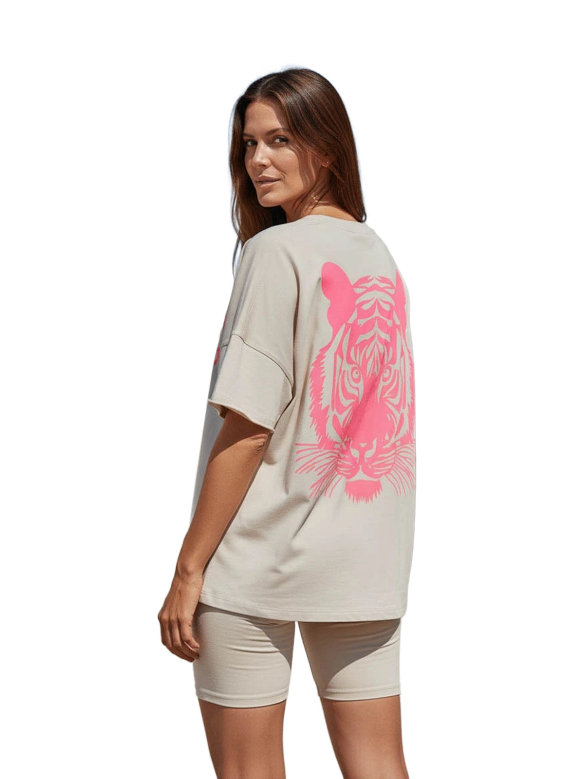 Miss Goodlife V-Neck Long Take it easy tiger T-Shirt Damen beige beige Bild 3
